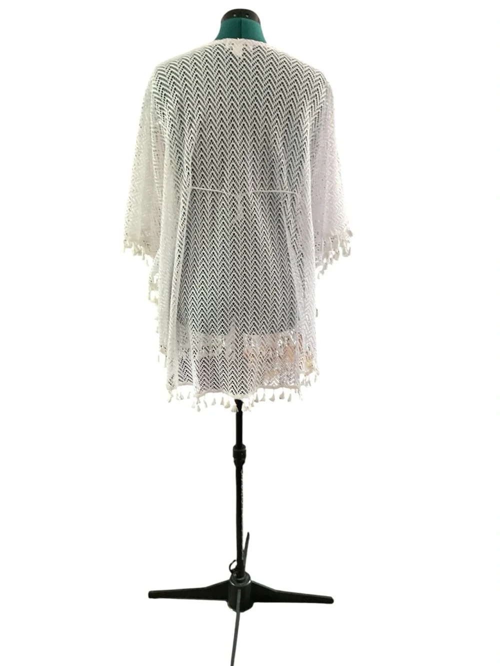 Lightweight White Crochet V-Neck Swim Coverup with Tassel Waist